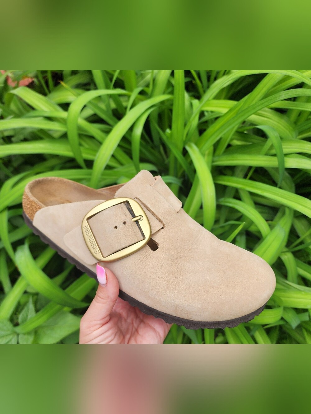 Sz 8-8.5 - BIRKENSTOCK Boston Taupe Suede Buckle Clog Mule with Gold Buckle